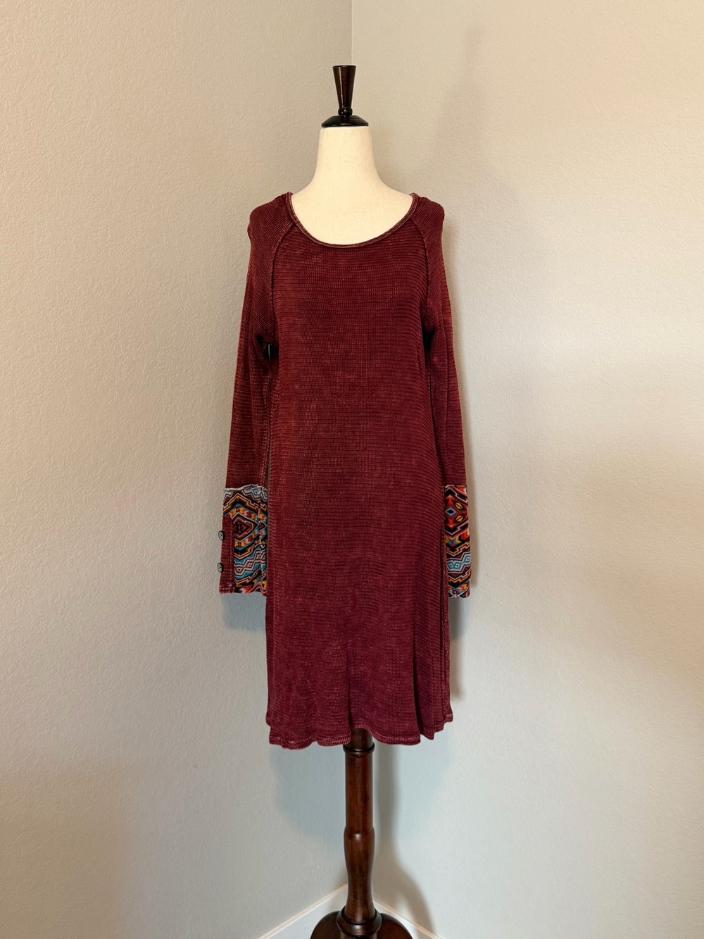 ABLE Rishu Waffle Thermal Knit Boho Cuff Dress - Burgundy Red - Size XL